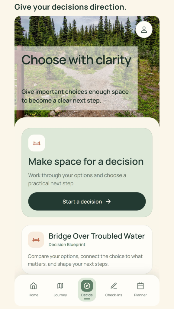 Story of My Life Decide screen with options for starting a decision and using the Decision Blueprint.