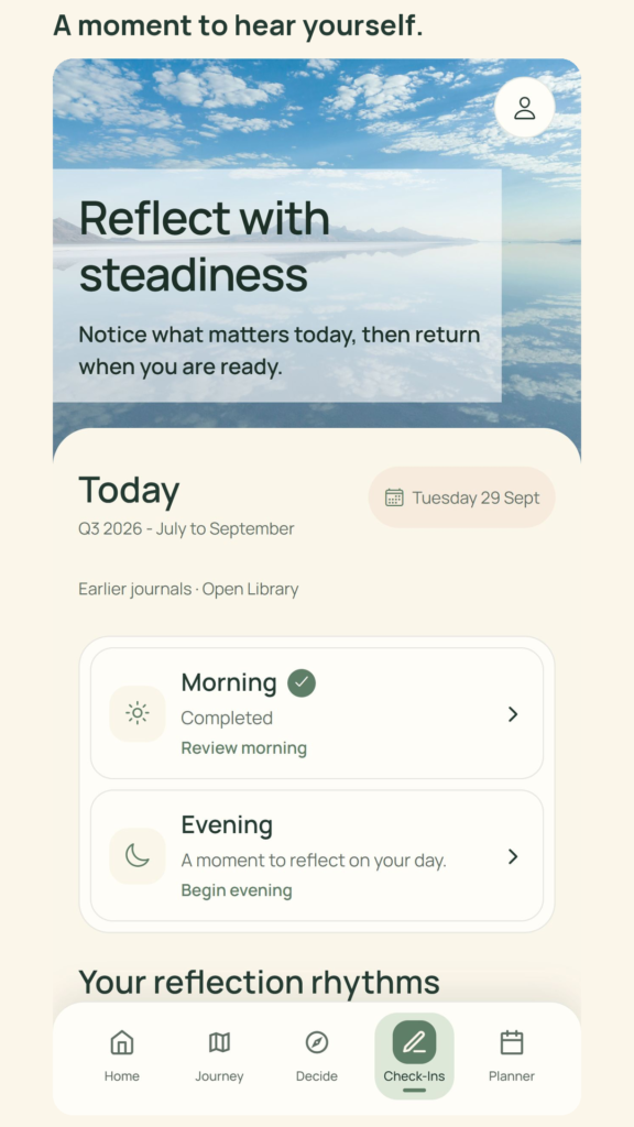 Story of My Life Check-ins screen with morning and evening reflection.