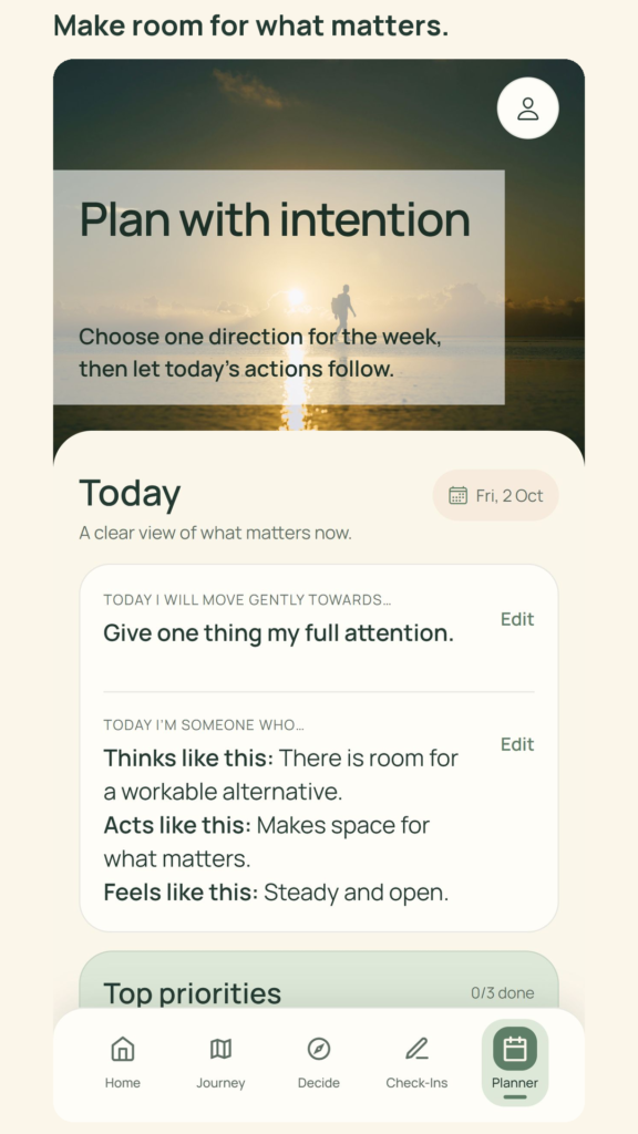 Story of My Life Planner screen showing daily intention, identity prompts and priorities.