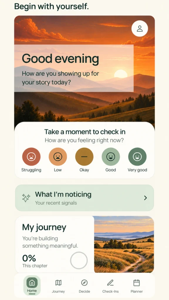 Story of My Life app Home screen with a daily mood check-in, recent signals, journey progress and navigation.