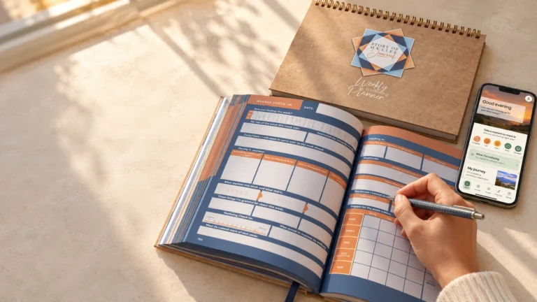 Review concept showing a Story of My Life journal, weekly planner and app on a sunlit desk