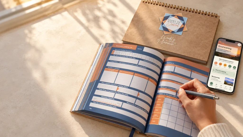 Review concept showing a Story of My Life journal, weekly planner and app on a sunlit desk